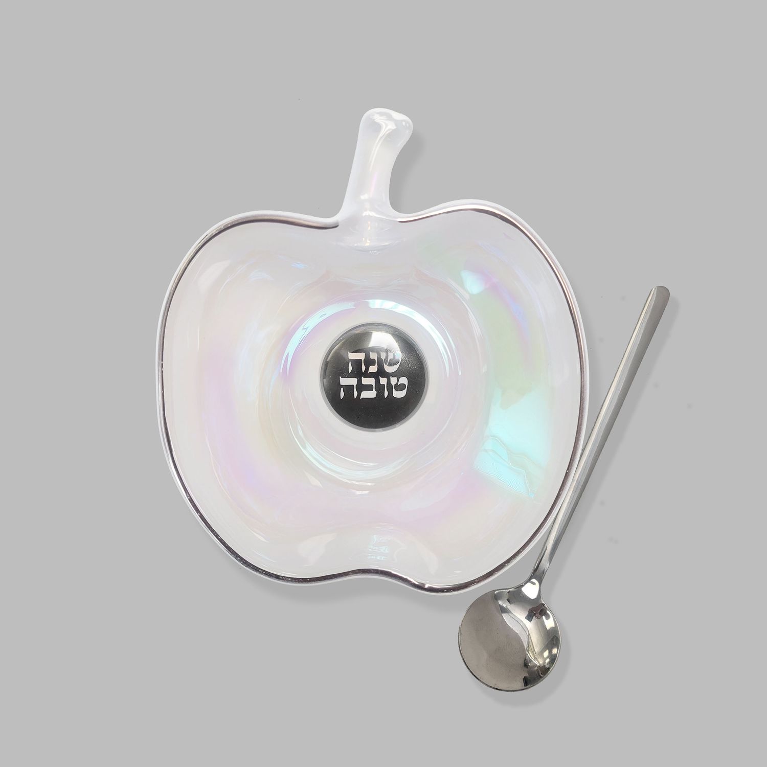 HONEY DISH,APPLE SHAPE,IRIDESC,SILVR ACCTS&amp;SPOON,GLASS,4x4.5,CBOX