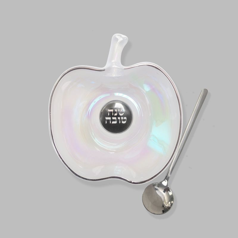 HONEY DISH,APPLE SHAPE,IRIDESC,SILVR ACCTS&amp;SPOON,GLASS,4x4.5,CBOX