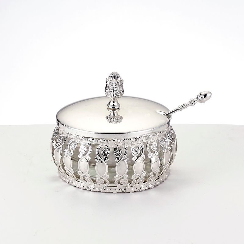 HONEY DISH, TRADITIONAL SILVERTN METAL W/ SPOON, 4",COLOR BOX