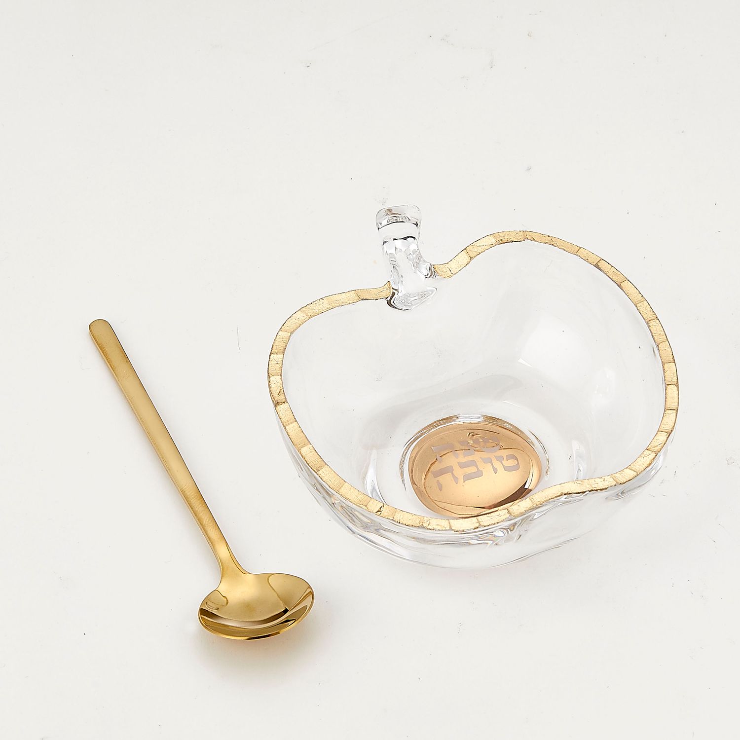 HONEY DISH,APPLE SHAPE,GOLD ACCENTS,W/SPOON,GLASS,4"x4.5",CLRBX