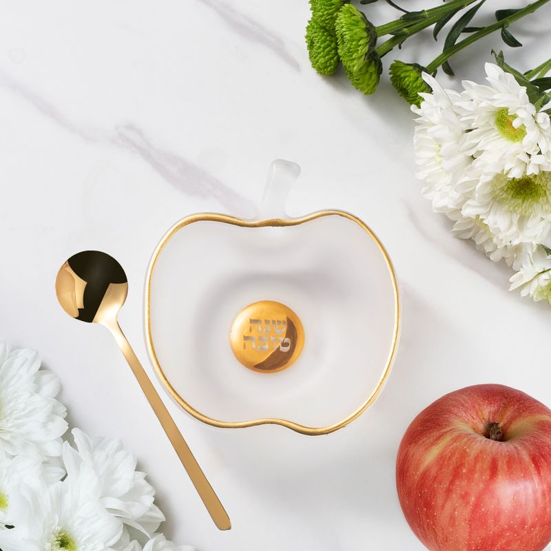 HONEY DISH,APPLE SHAPE,GOLD ACCNTS,W/SPOON,FROSTD GLASS,4x4.5,CBX