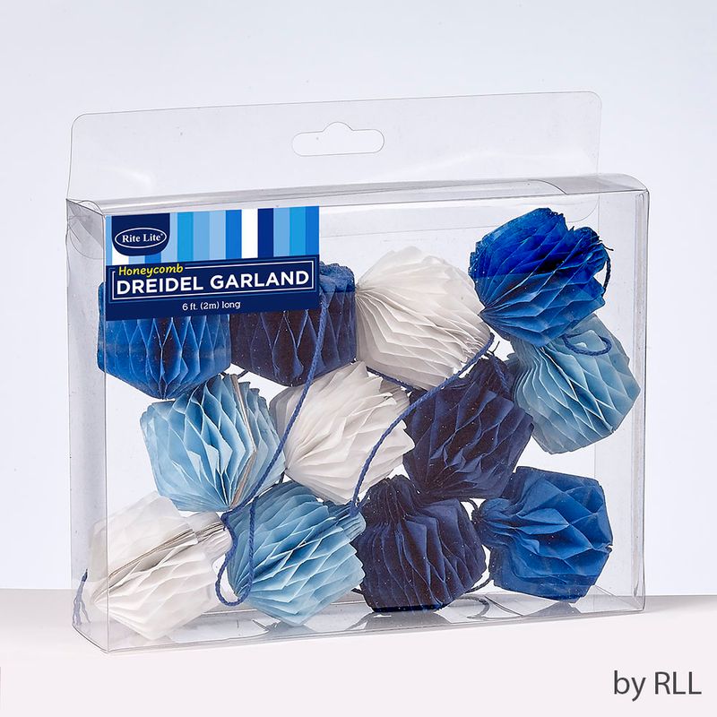 HONEYCOMB DREIDELS 12PC GARLAND, SHADES OF BLUE, 6', GIFT BOX