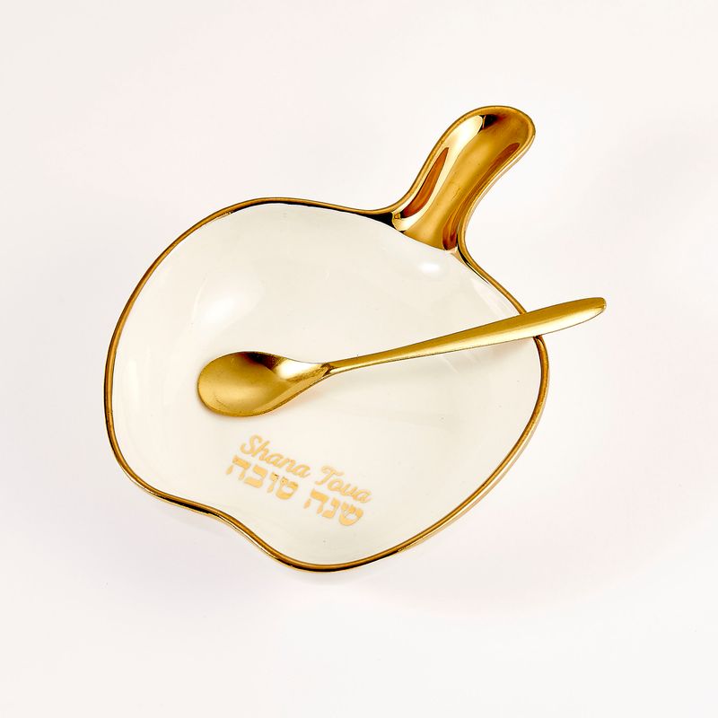 HONEY DISH,APPLE SHAPE,GOLD ACCENTS,W/SPOON,CERAM,6"x4.5",CLRBX