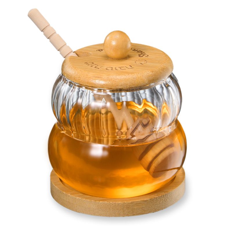 HONEY JAR,GLASS,W/WOOD LID &amp; HONEY DIPPER,3.25"D x 4.5"H,COLR BOX
