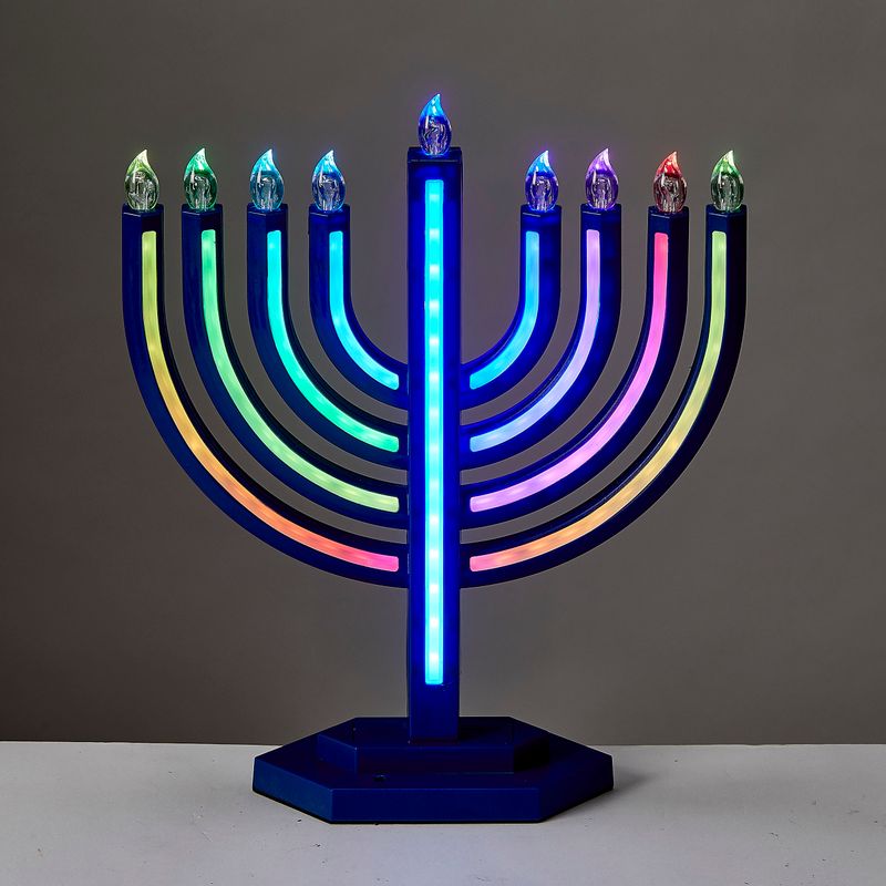 LED MENORAH W/ COLORCHANGING LIGHTS,ABS,MATTE NAVY,11x13",COLORBX