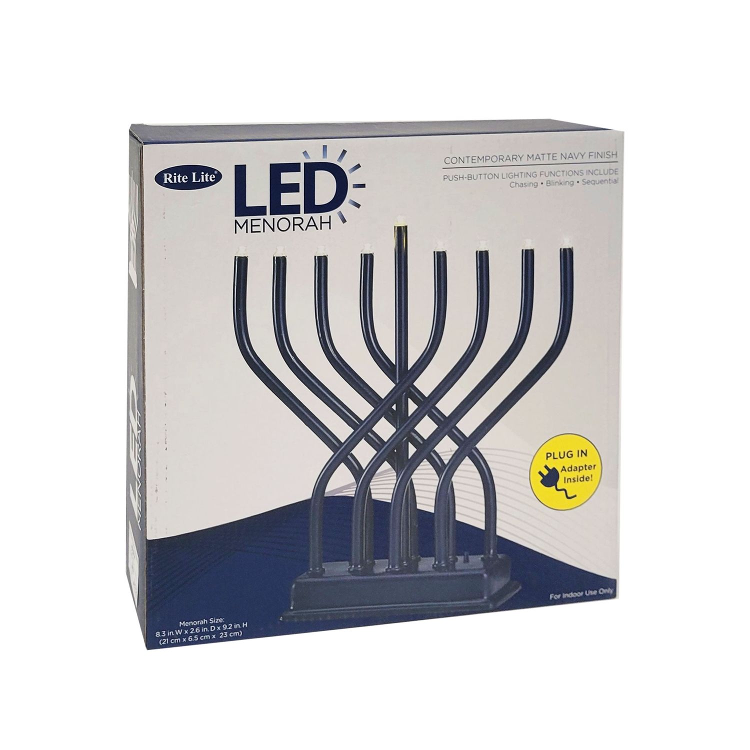 LED MENORAH, MULTIFUNCTION,METAL, NAVY, UL ADAPT, 9"H, COLOR BOX