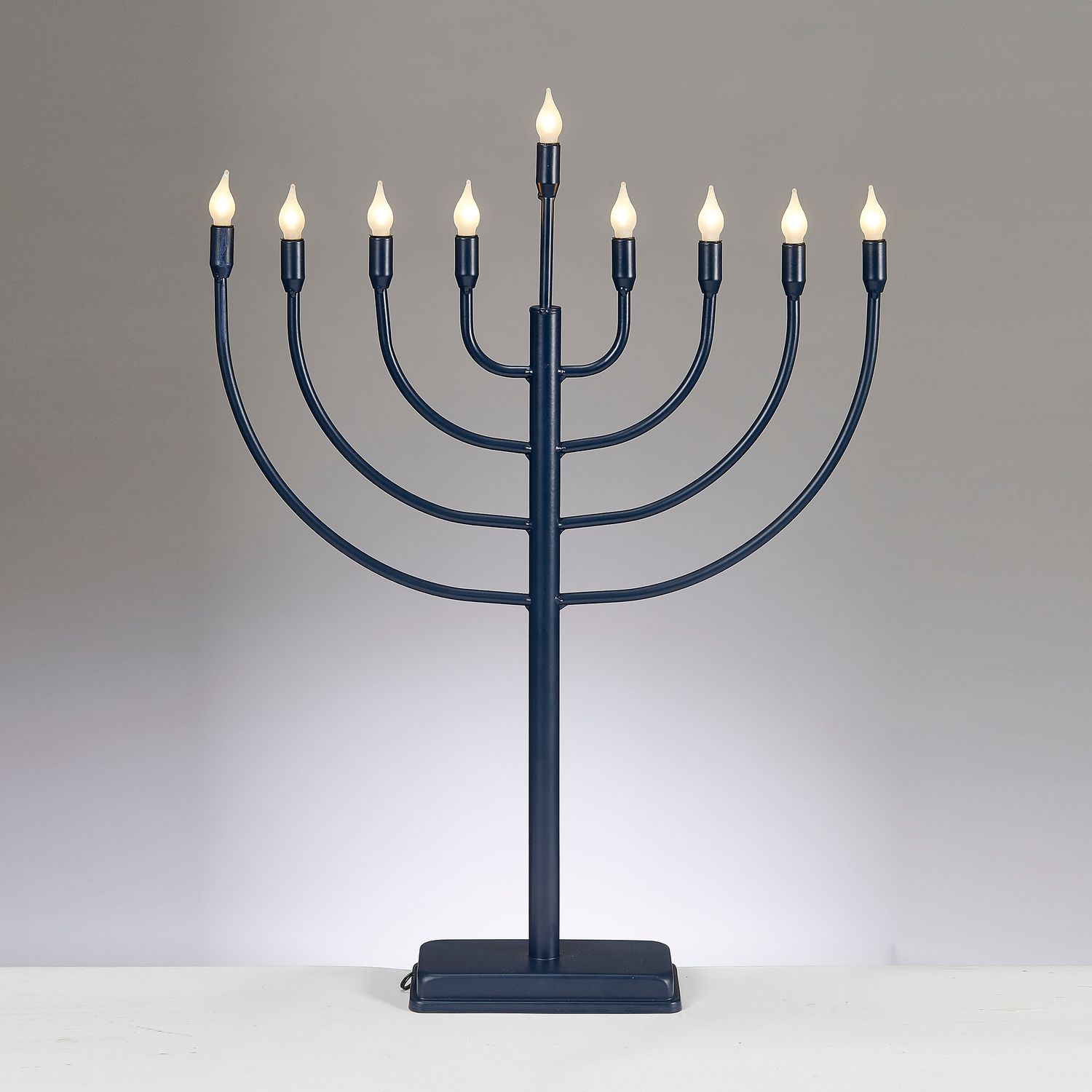 LED MENORAH, LARGE METAL, TRADITIONAL, NAVY, 23"H, COLOR BOX