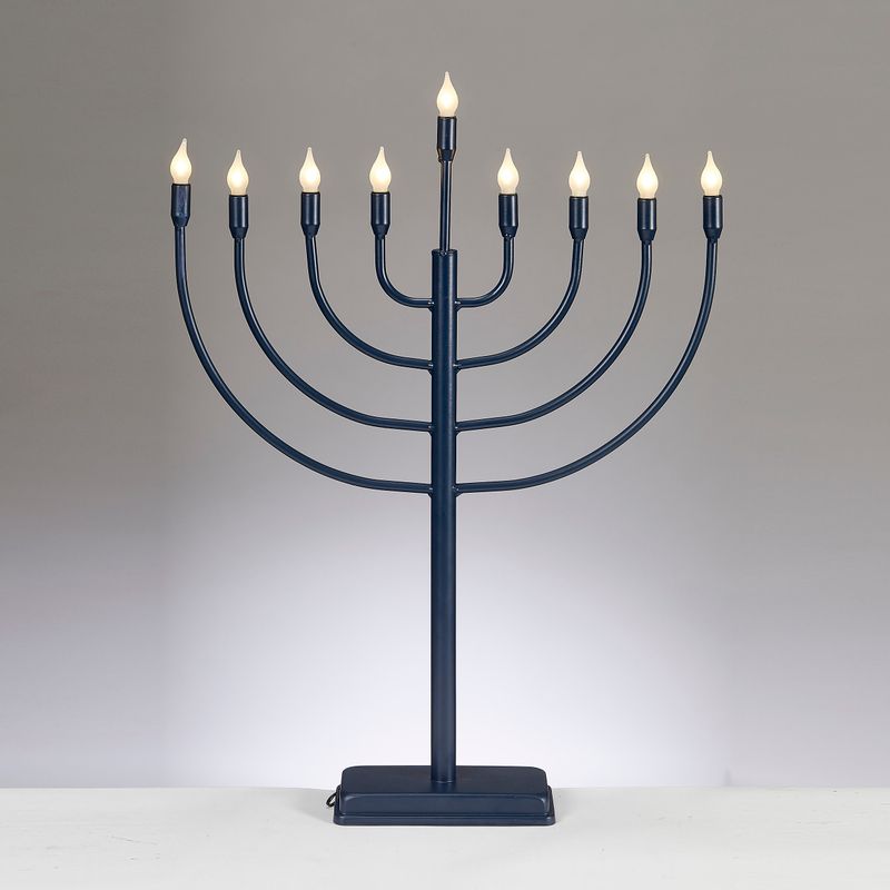 LED MENORAH, LARGE METAL, TRADITIONAL, NAVY, 23"H, COLOR BOX
