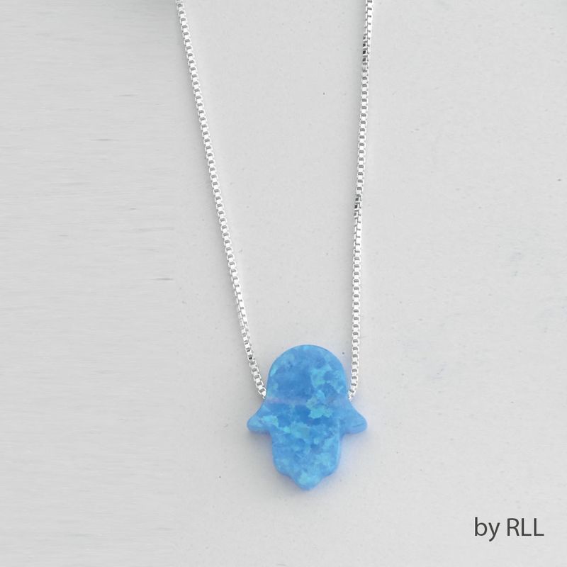 LIGHT BLUE OPAL HAMSA ON 16" STERLING CHAIN