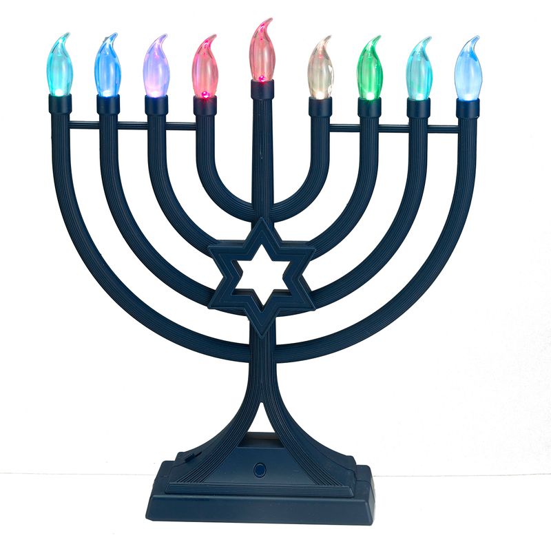 LED MENORAH W/ COLORCHANGING LIGHTS,ABS,MATTE NAVY,13",COLOR BOX