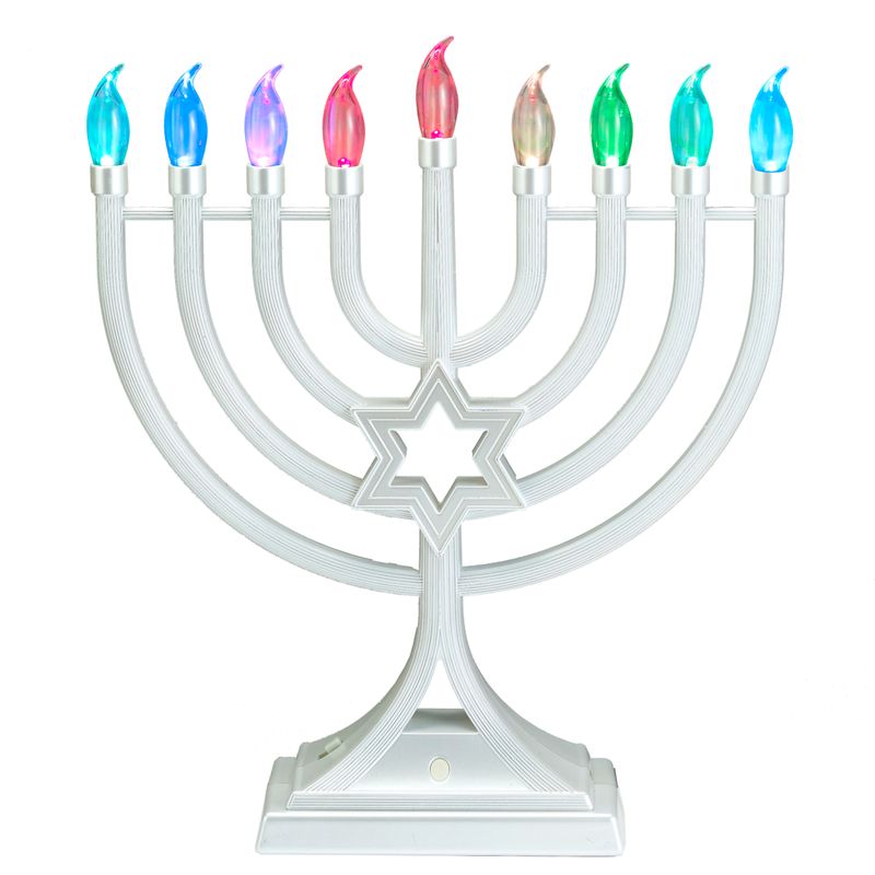 LED MENORAH W/ COLORCHANGING LIGHTS,ABS,PEARL WHITE,13",COLOR BOX