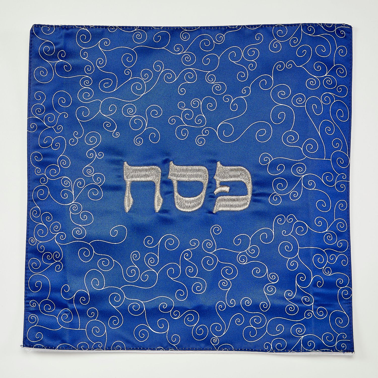 MATZAH COVER,BLUE,W/CURLICUES,GOLD EMBROIDERY,SATIN,13"SQUARE,BAG