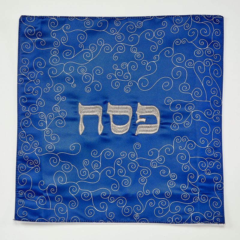 MATZAH COVER,BLUE,W/CURLICUES,GOLD EMBROIDERY,SATIN,13"SQUARE,BAG