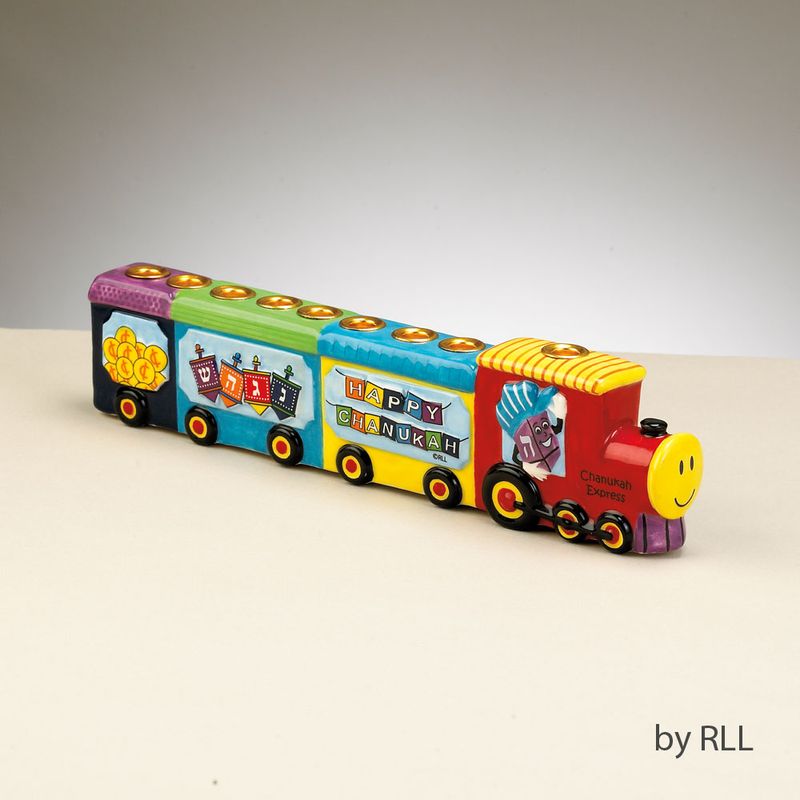 MENORAH, "CHANUKAH EXPRESS",HAND-PAINTED CERAMIC,11"X3", GIFT BOX
