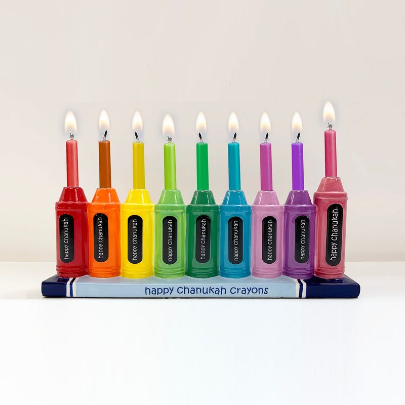 MENORAH, "CRAYONS", HAND-PAINTED CERAMIC, 10.5"X4", COLOR BOX