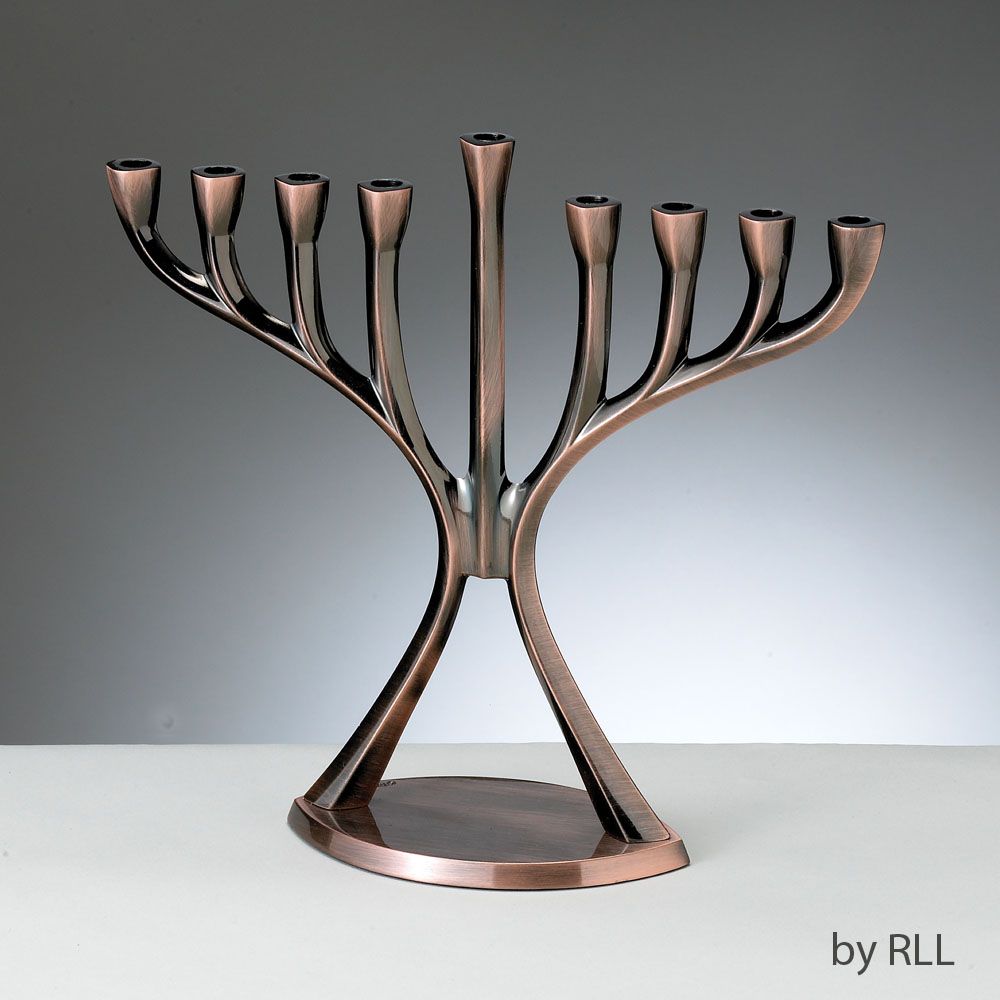 MENORAH, MODERN, ALUMINUM, ANTIQUE COPPER FINISH, 9"x9", TAG