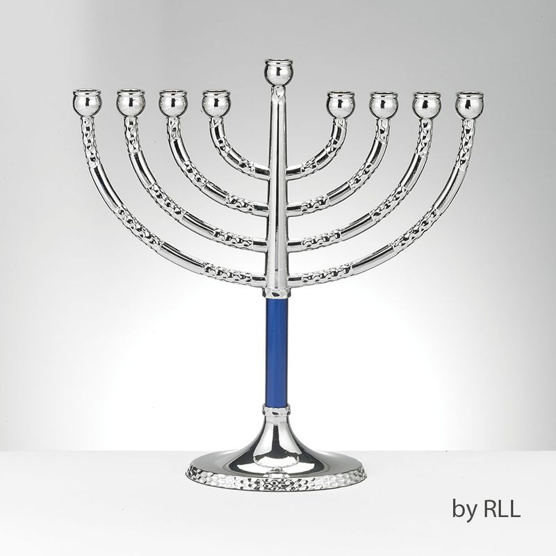 MENORAH, CLASSIC ELEGANCE,HAMMERED &amp; BLUE ACCENTS,7"x8",TAG
