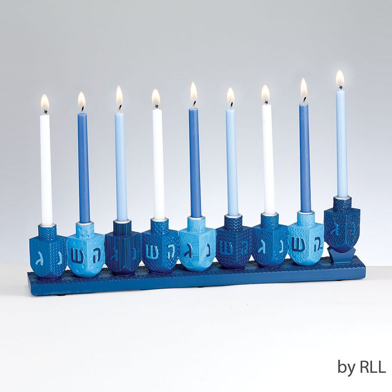 MENORAH, "BLUE DREIDELS",HAND-PAINTED RESIN,11.5 "x 2.5",COLORBOX