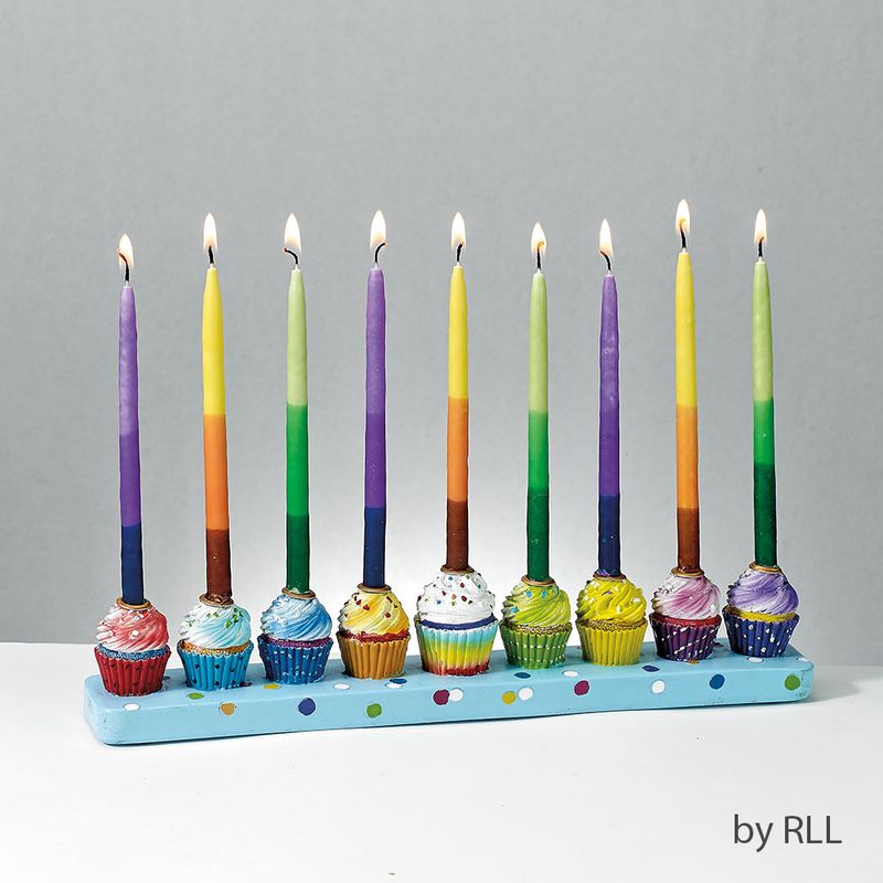 MENORAH, "CUPCAKES", HAND-PAINTED RESIN 12"X2", COLOR BOX
