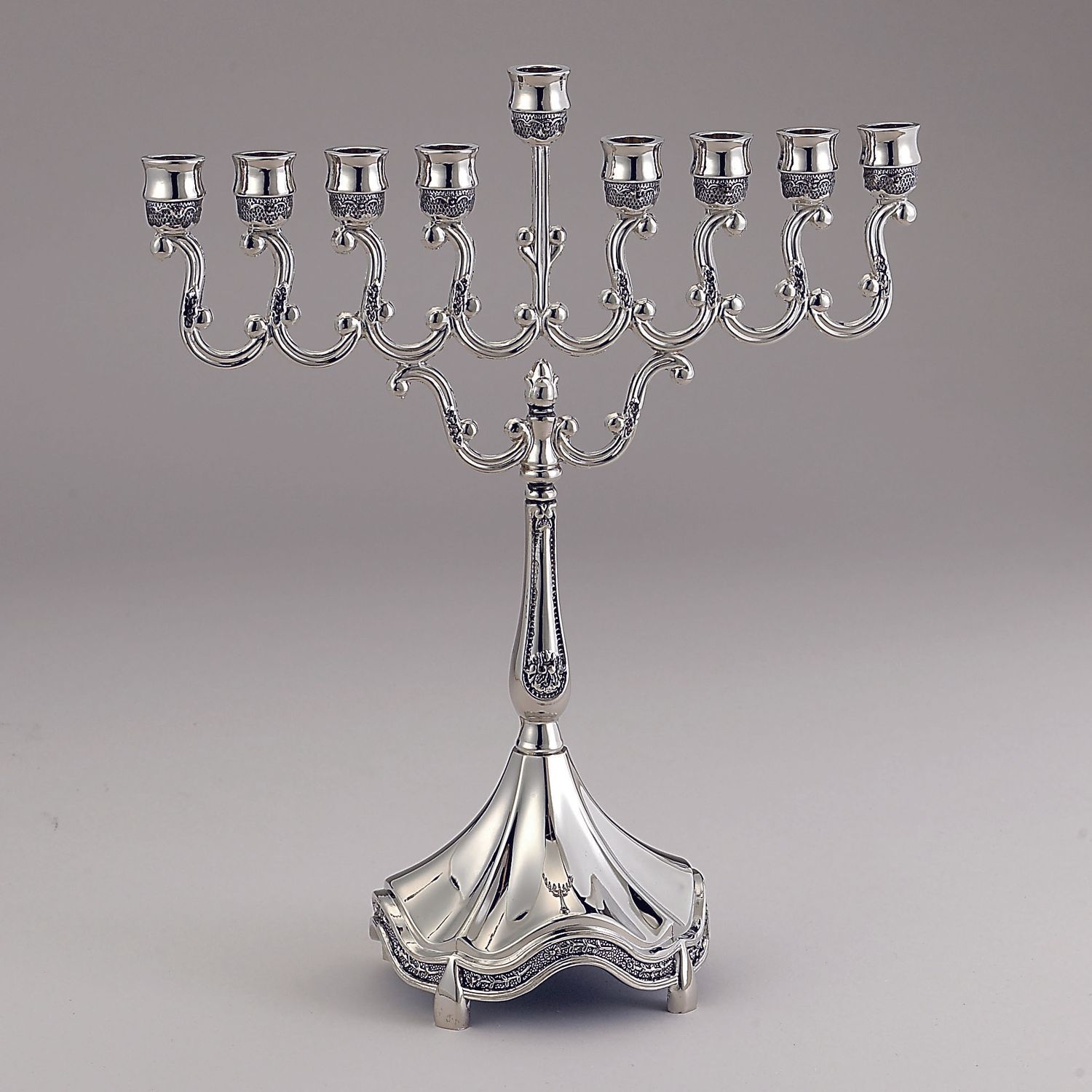 MENORAH, "CURLICUES", SILVERTONE, 7"x8", UPC TAG
