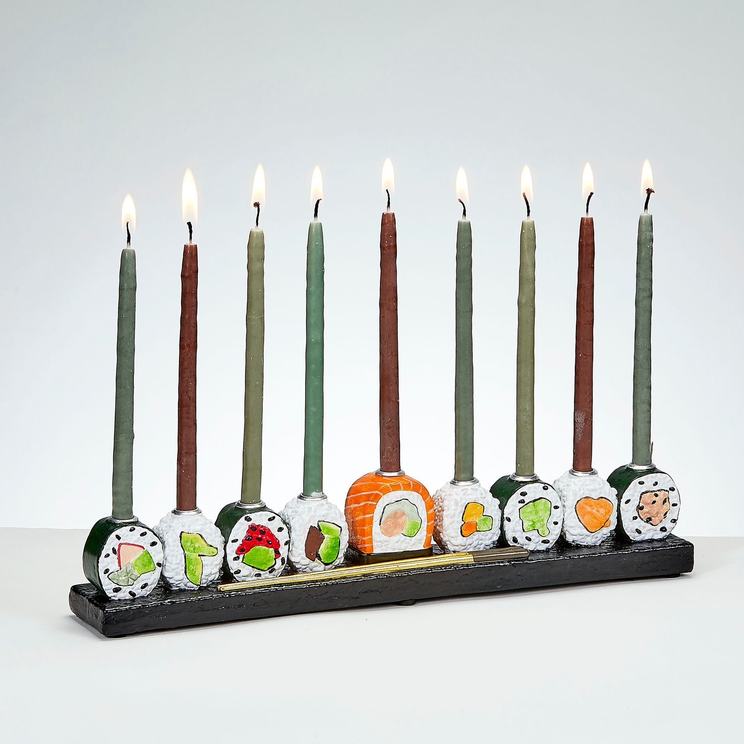 MENORAH, "SUSHI", HAND-PAINTED RESIN 12"X2.5", COLOR BOX