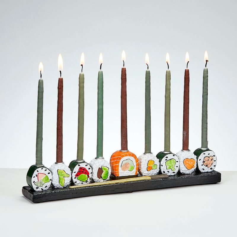 MENORAH, "SUSHI", HAND-PAINTED RESIN 12"X2.5", COLOR BOX