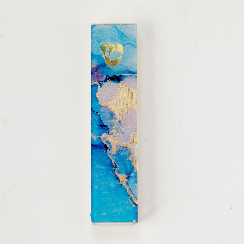 MEZUZAH, ART GLASS, "BLUE MARBLE", GOLD ACCENTS, 5.5", GIFT BOX