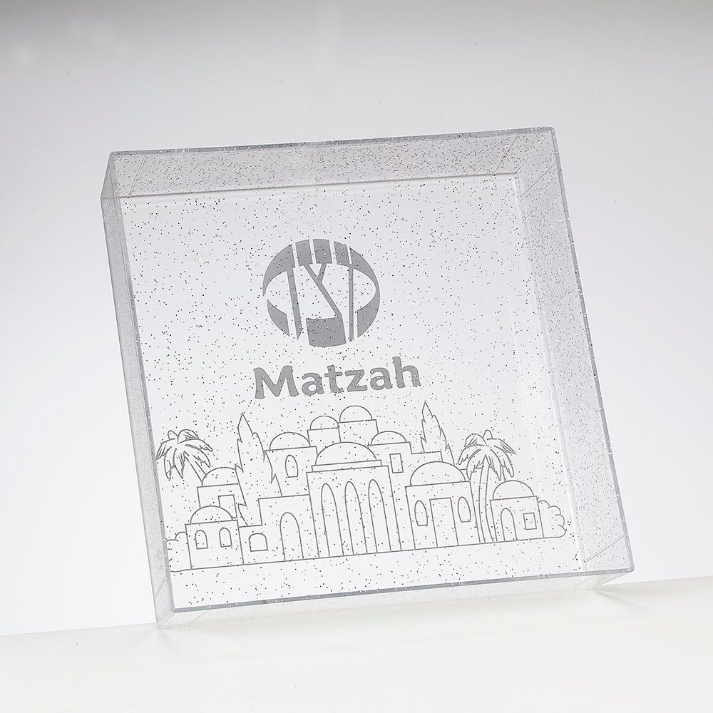 MATZAH TRAY, CLEAR PS WITH GLITTER, 8" SQUARE, LABEL