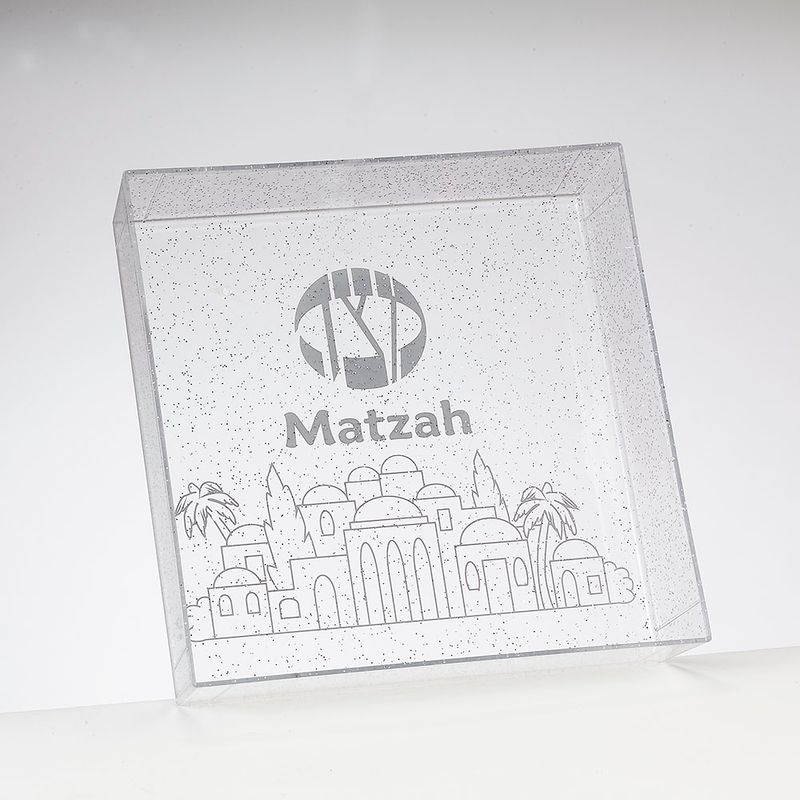 MATZAH TRAY, CLEAR PS WITH GLITTER, 8" SQUARE, LABEL