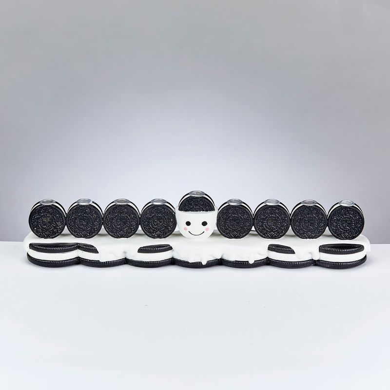 MENORAH, "COOKIES", HAND-PAINTED RESIN, 12"x 2.5", COLOR BOX