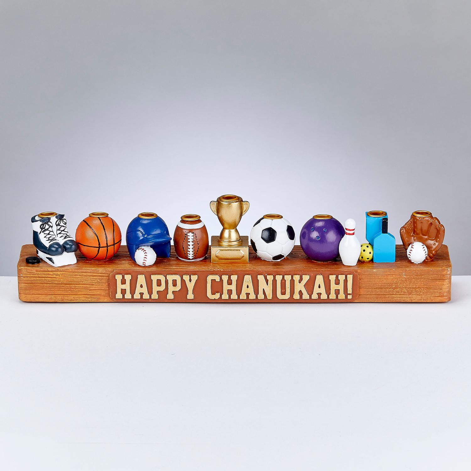 MENORAH, "SPORTS", HAND-PAINTED RESIN 12"X3", COLOR BOX