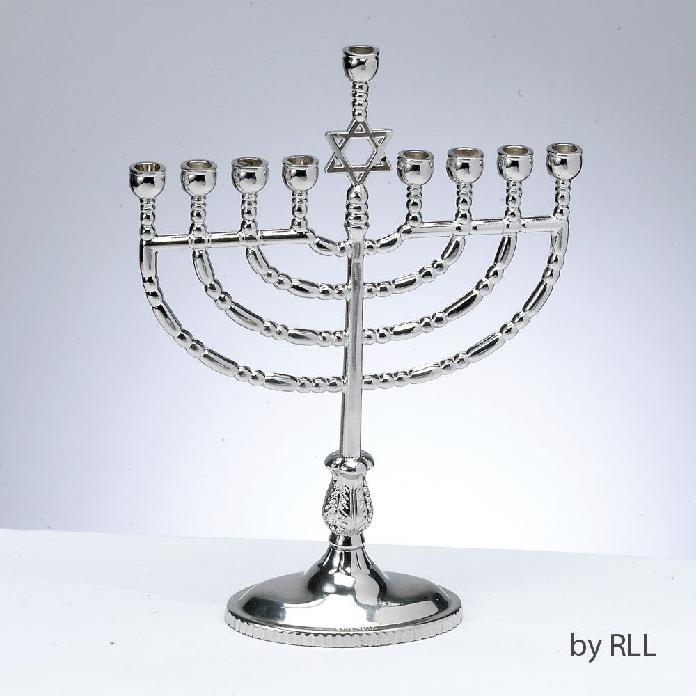 MENORAH,"TRADITIONAL",ALUMINUM,POLISHED SILVERTONE,7"x9", CARDED