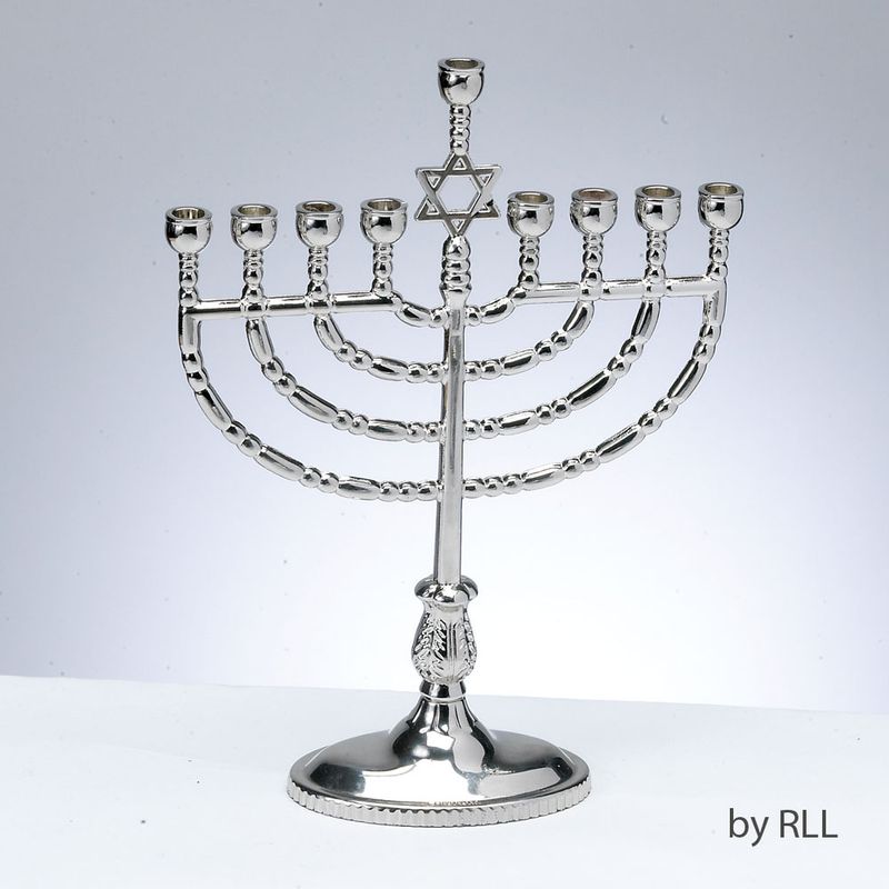 MENORAH,"TRADITIONAL",ALUMINUM,POLISHED SILVERTONE,7"x9", CARDED