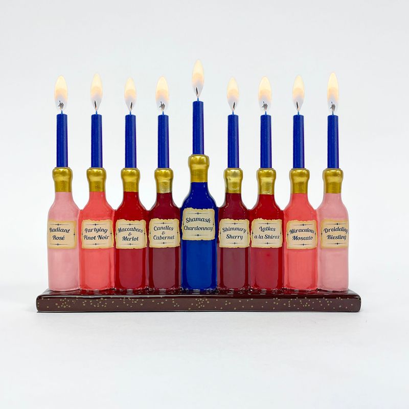 MENORAH,"FINE WINES",HANDPAINTD CERAM,GOLD ACCENTS,11.5"x6",CLRBX