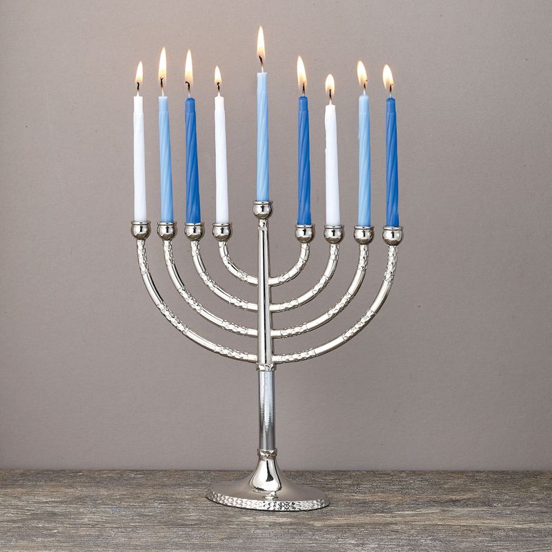 MENORAH,CLASSIC ELEGANCE,PLATED ALU,HAMMERED,SILVERTONE,7"x8",TAG