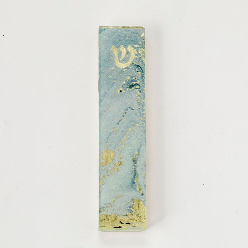 MEZUZAH, ART GLASS, "SAGE MARBLE", GOLD ACCENTS, 5.5", GIFT BOX