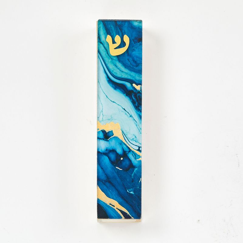 MEZUZAH, ART GLASS,"DARK BLUE MARBLE",GOLD ACCENTS,5.5", GIFT BOX