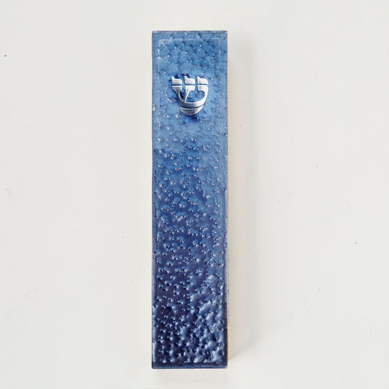 MEZUZAH,ART GLASS,BLUE "PEBBLED GLASS",SILVR ACCENTS,5.5",GIFTBOX