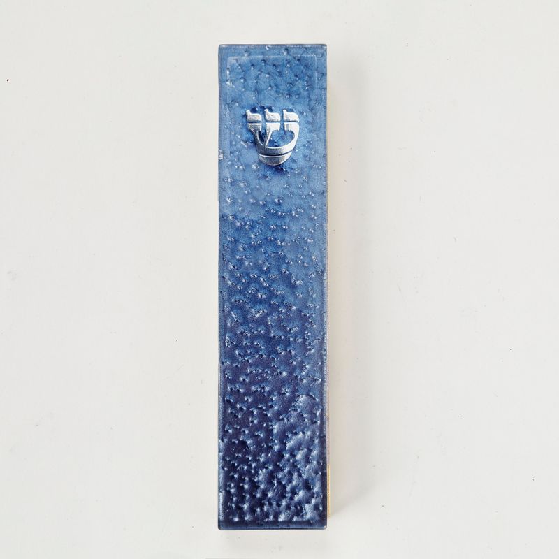 MEZUZAH,ART GLASS,BLUE "PEBBLED GLASS",SILVR ACCENTS,5.5",GIFTBOX
