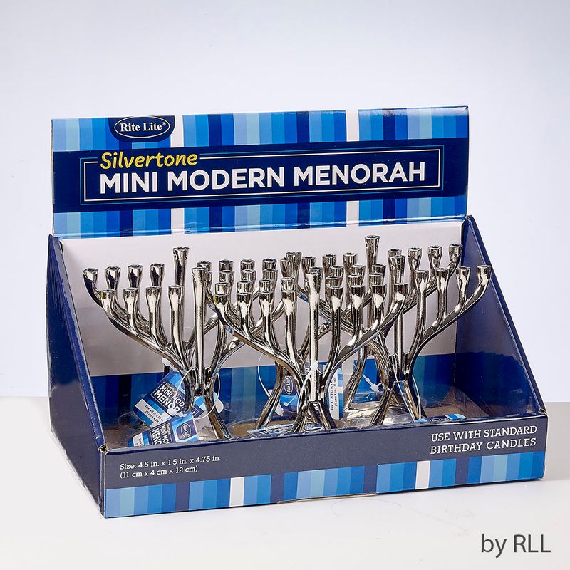MINI MODERN MENORAH, ALUMINUM, SILVERTONE, 4"x5", 6/DISPLAY