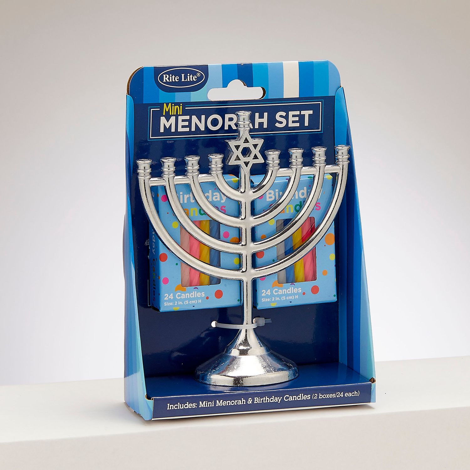 MINI MENORAH SET,ALUM, W/48 BIRTHDAY CANDLES,4"x5",COLORBOX