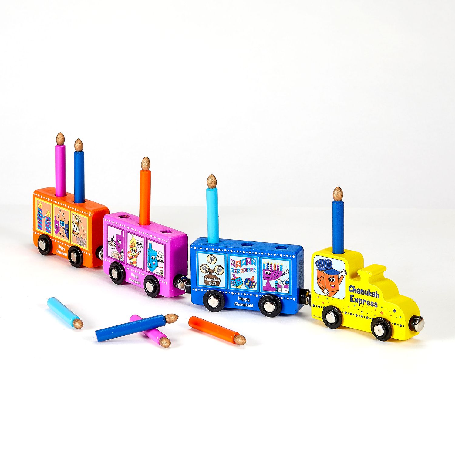 MY PLAY WOOD TRAIN MENORAH,W/ REMOVABLE CANDLES,17"x5",COLORBOX