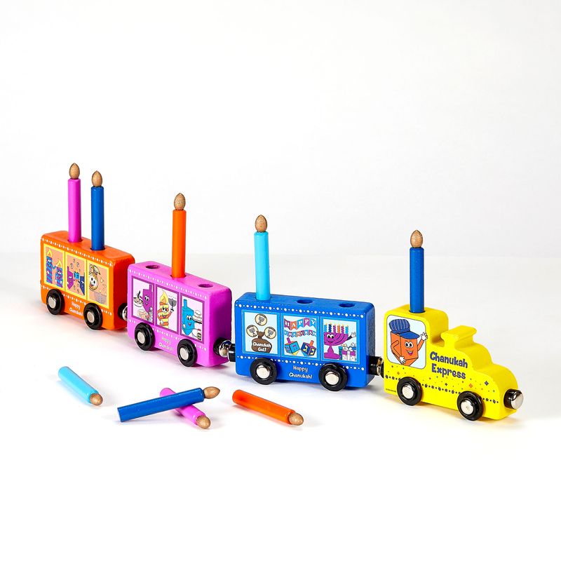 MY PLAY WOOD TRAIN MENORAH,W/ REMOVABLE CANDLES,17"x5",COLORBOX