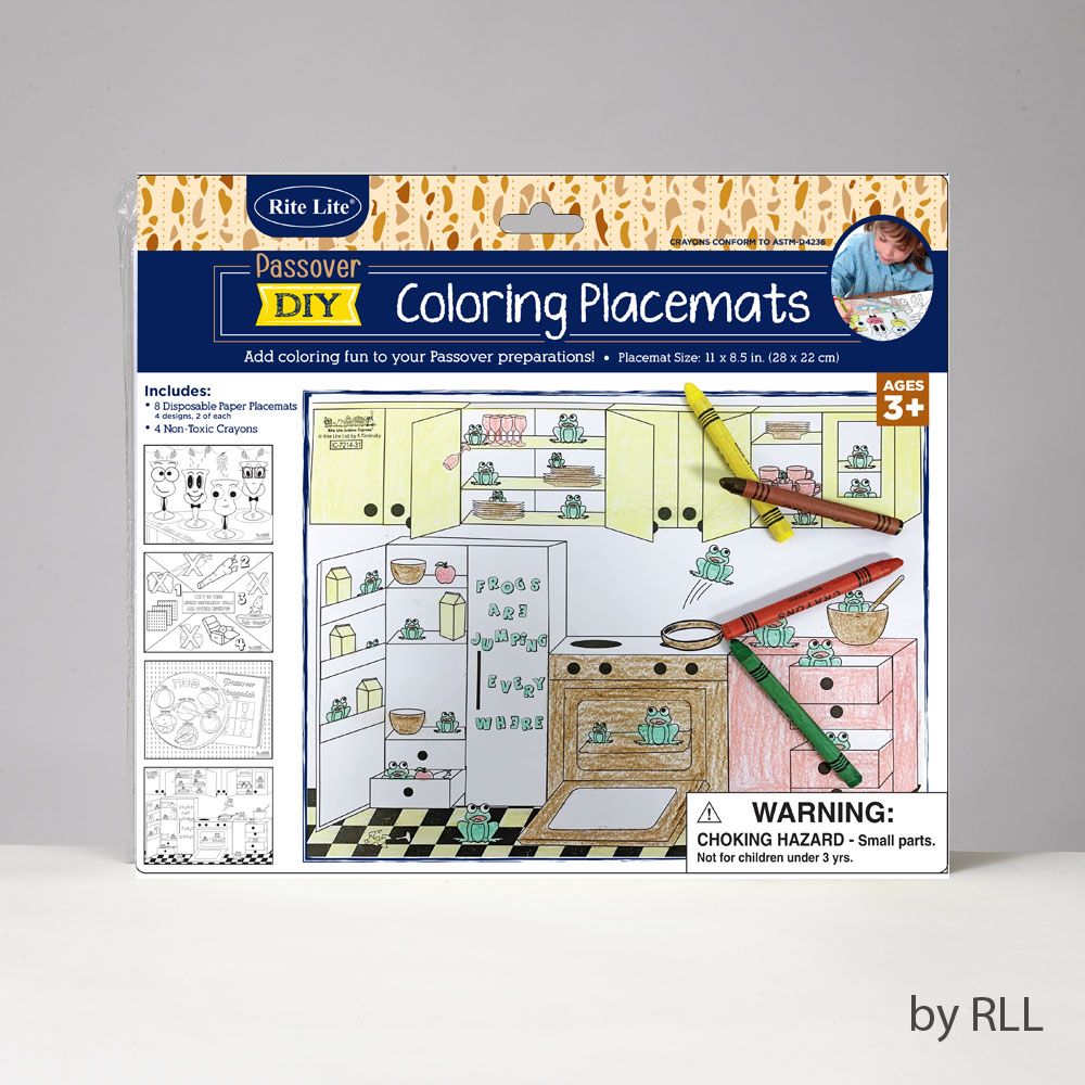 PASSOVER COLORING PLACEMATS,8 PAPER MATS,4 CRAYONS,11"X9", CARDED