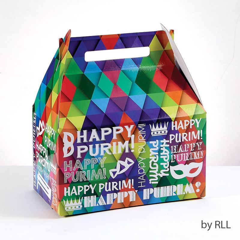 PURIM GIFT BOX, COLORFUL, CHIPBOARD, LARGE, 9"x10"