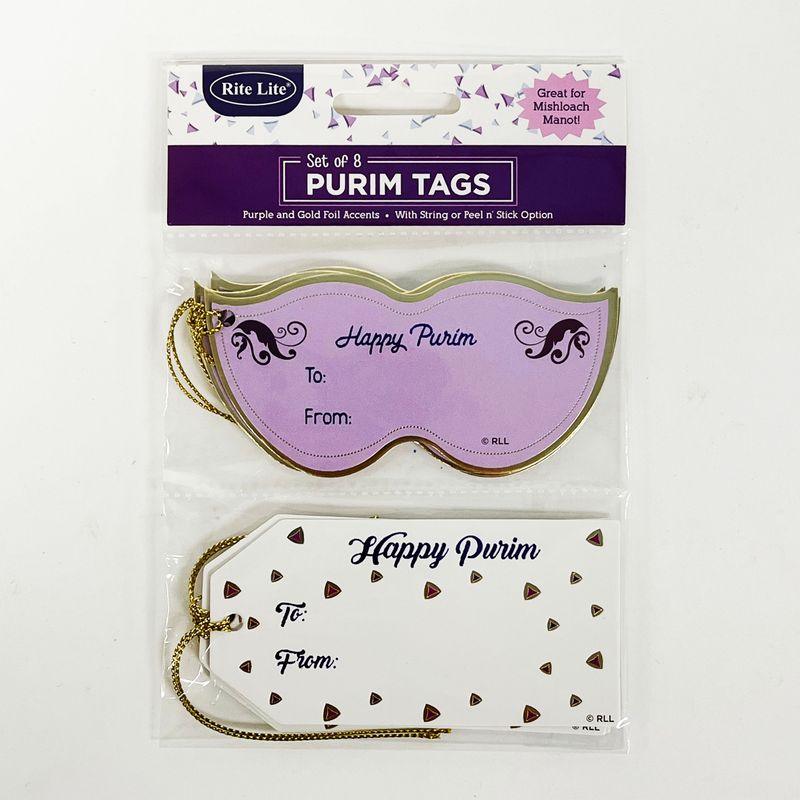 PURIM TAGS, FOIL &amp; HOLOGRPHIC ACCENTS,4"x2",8/PACK,HEADER