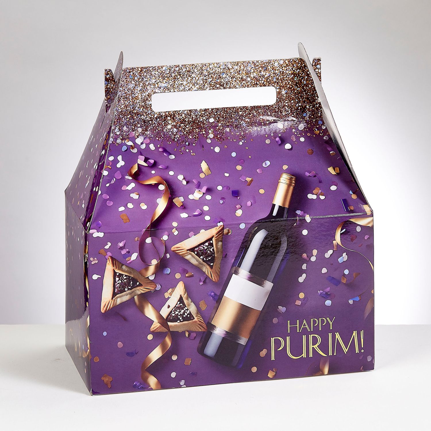 PURIM GIFT BOX, GOLD ACCENTS, CHIPBOARD, LARGE, 9"x10"
