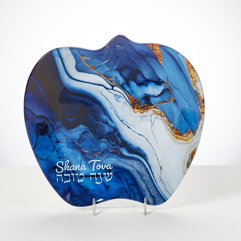 ROSH HASHANAH APPLE PLATE,GLASS, BLUE MARBLE DESIGN,8",GIFT BOX
