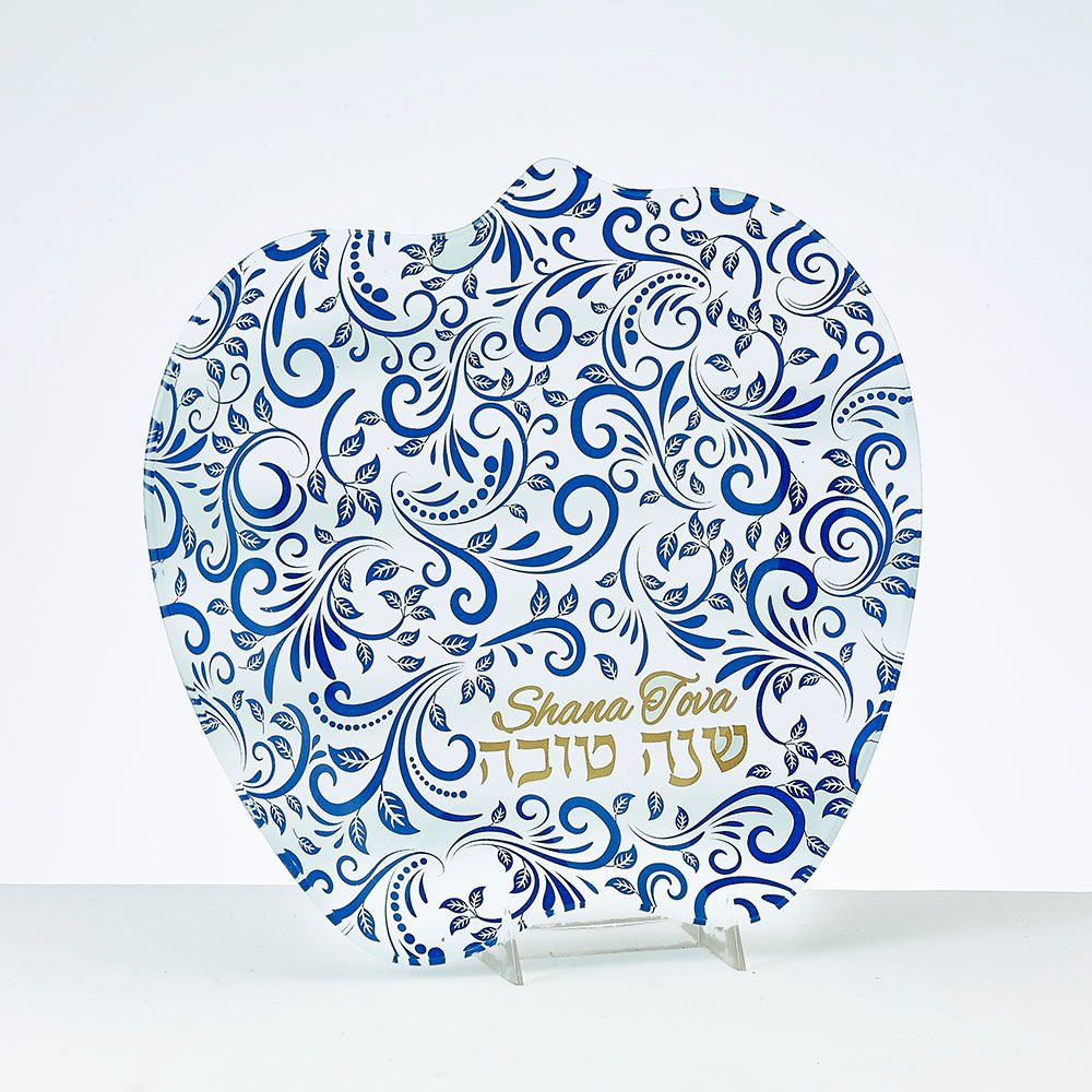 ROSH HASHANAH APPLE PLATE,GLASS,BLUE W/ GOLD ACCENTS,8",GIFT BOX