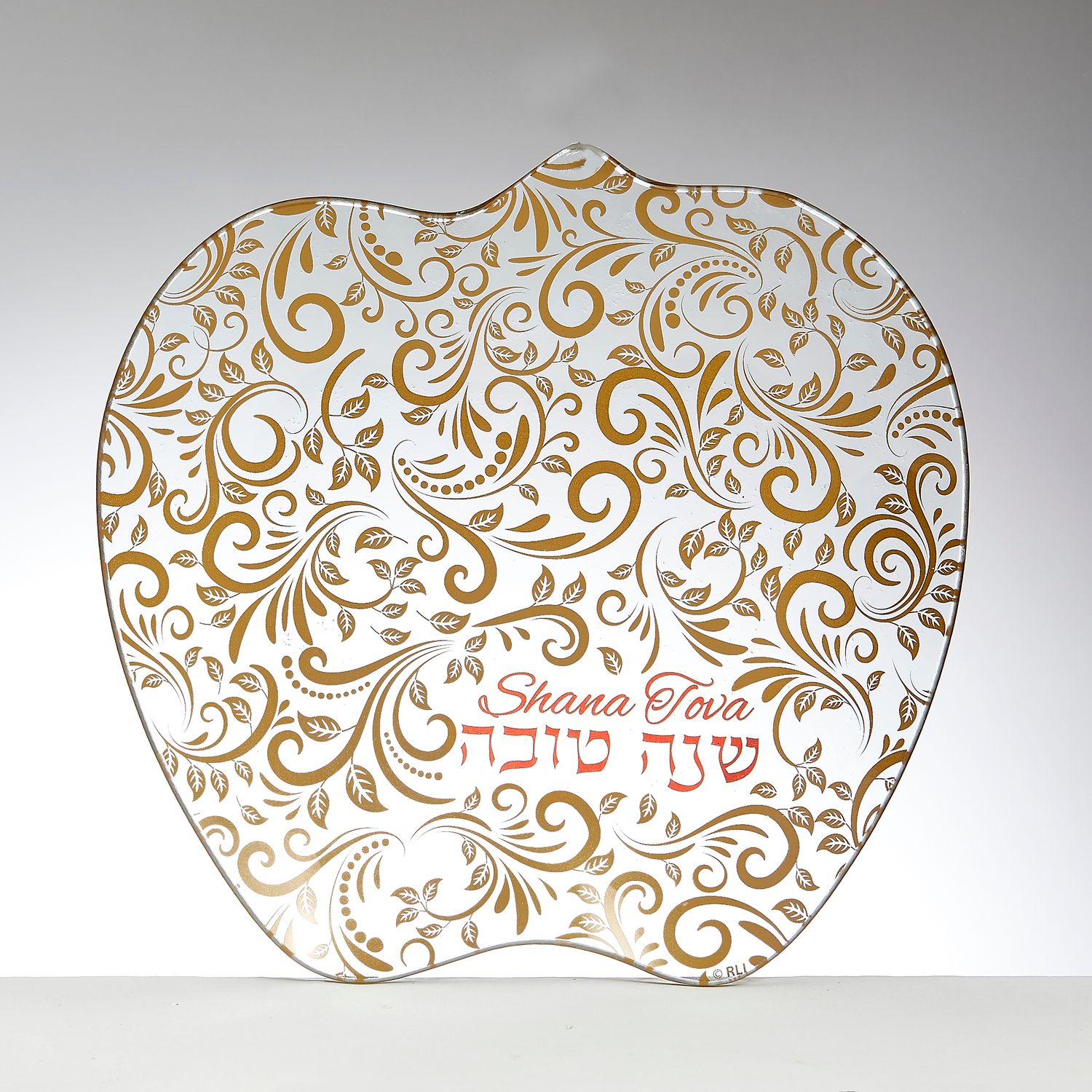 ROSH HASHANAH APPLE PLATE,GLASS,GOLD W/ RED ACCENTS,8",GIFT BOX